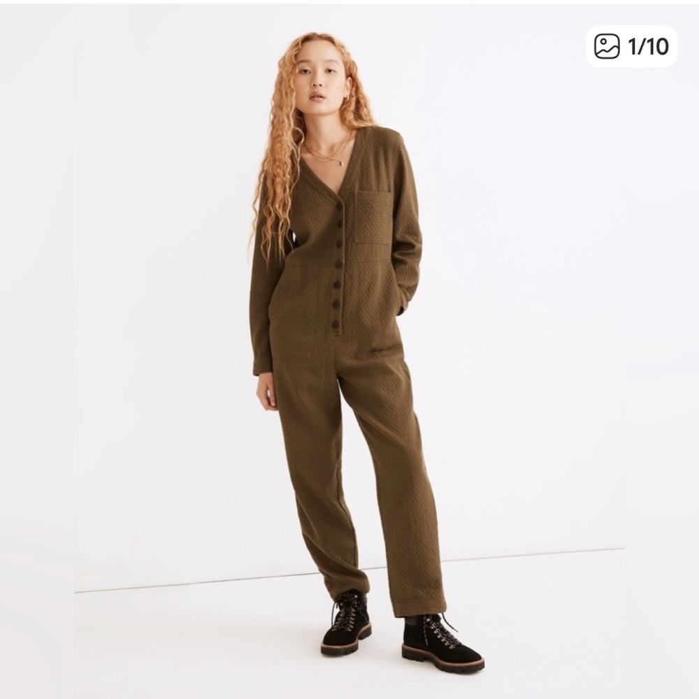 Green Button-Up Jumpsuit Jacquard